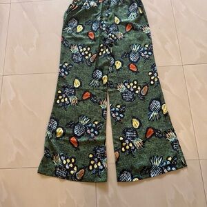 Floral Wide Leg Pants - Green and Multicolor